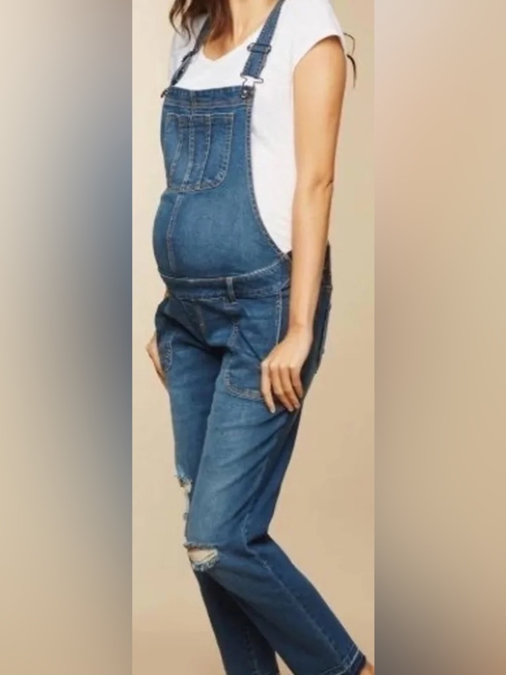 Indigo Blue maternity distressed denim overalls